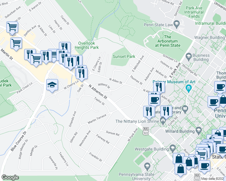 map of restaurants, bars, coffee shops, grocery stores, and more near 134 West Mitchell Avenue in State College