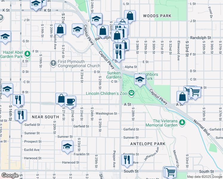 map of restaurants, bars, coffee shops, grocery stores, and more near 1250 South 26th Street in Lincoln