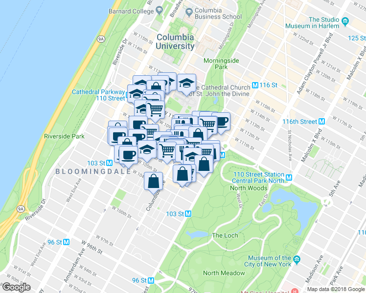 map of restaurants, bars, coffee shops, grocery stores, and more near 979 Columbus Avenue in New York