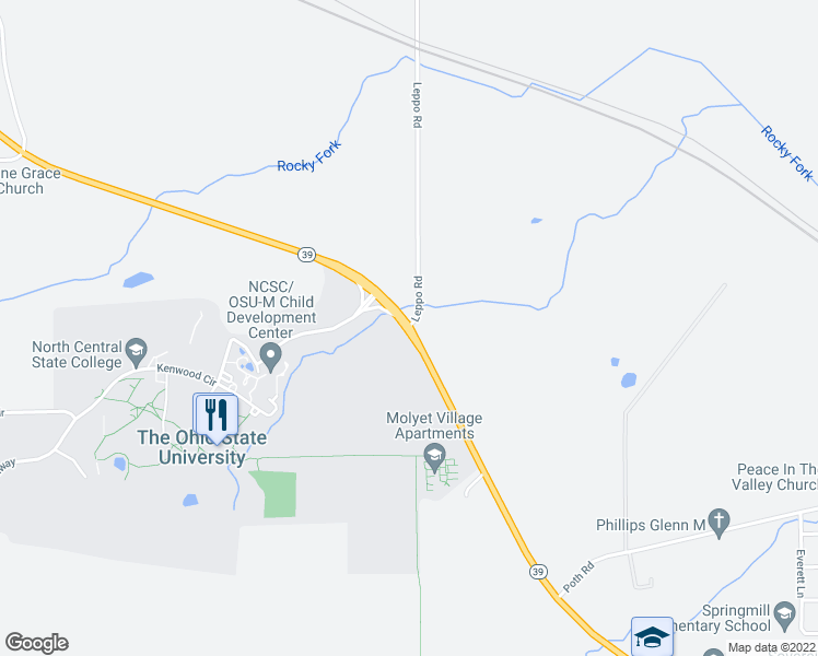 map of restaurants, bars, coffee shops, grocery stores, and more near Springmill Road in Mansfield