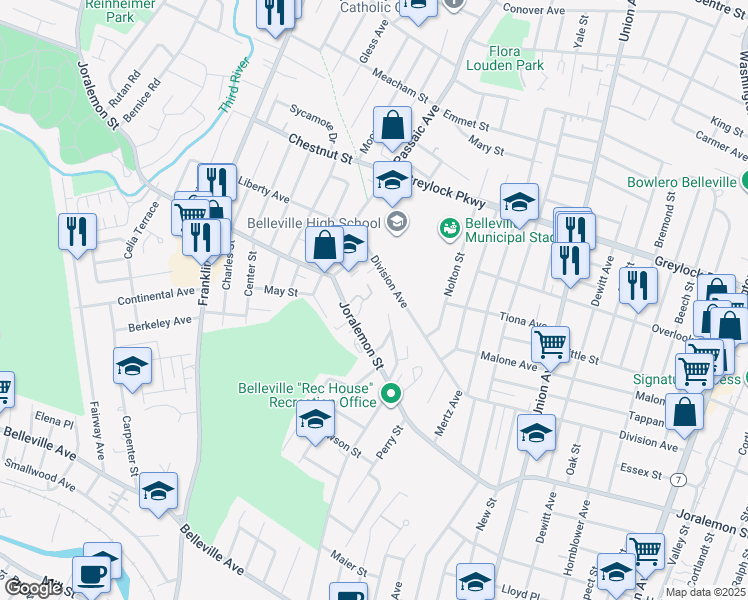 map of restaurants, bars, coffee shops, grocery stores, and more near 482 Joralemon Street in Belleville