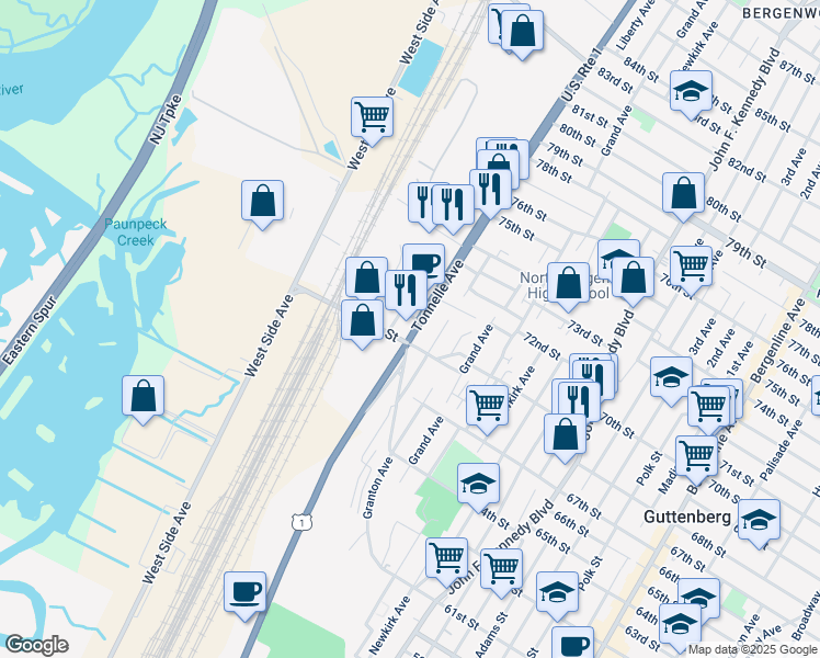 map of restaurants, bars, coffee shops, grocery stores, and more near 1706 69th Street in North Bergen