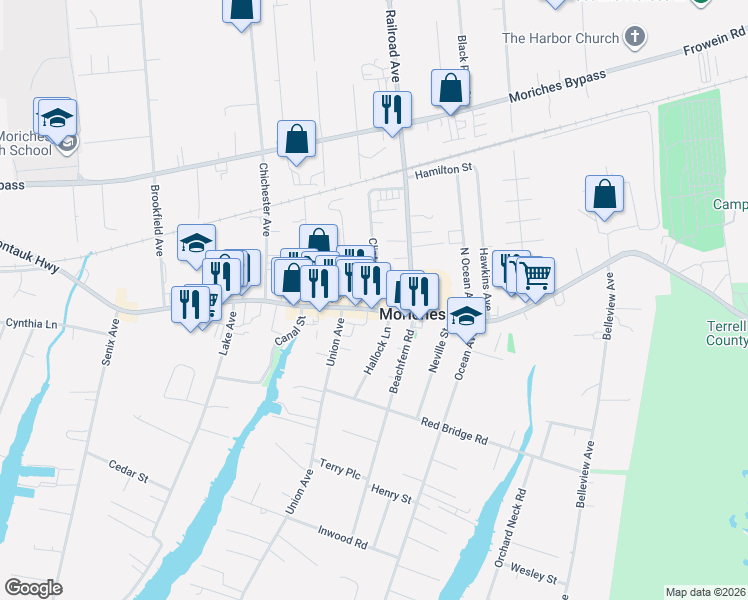 map of restaurants, bars, coffee shops, grocery stores, and more near 328 West Street in Center Moriches