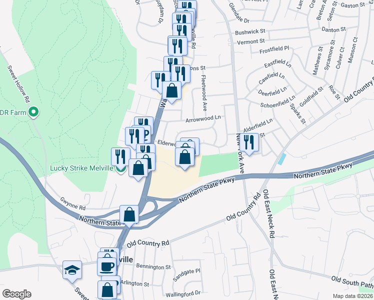 map of restaurants, bars, coffee shops, grocery stores, and more near 18 Elderwood Lane in Melville
