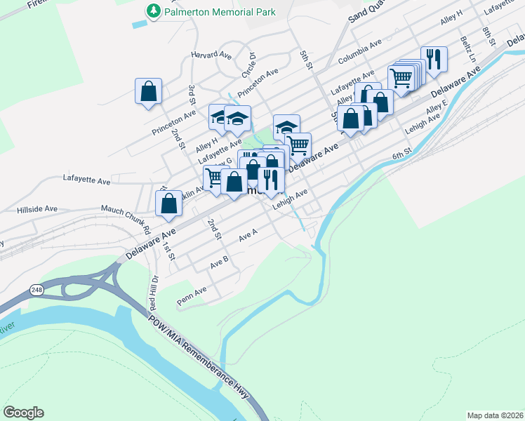 map of restaurants, bars, coffee shops, grocery stores, and more near 258 Lehigh Avenue in Palmerton