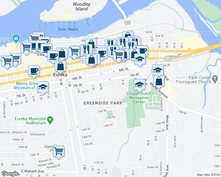 map of restaurants, bars, coffee shops, grocery stores, and more near 805 N Street in Eureka