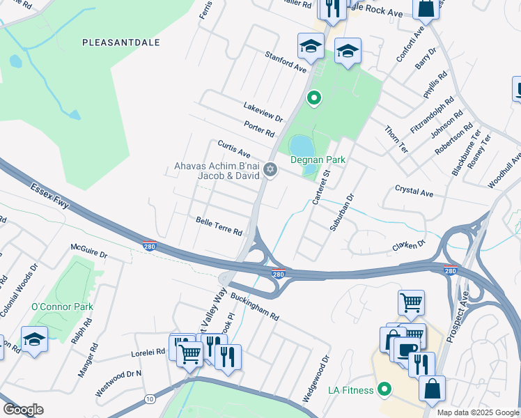 map of restaurants, bars, coffee shops, grocery stores, and more near 5 Wessman Drive in West Orange