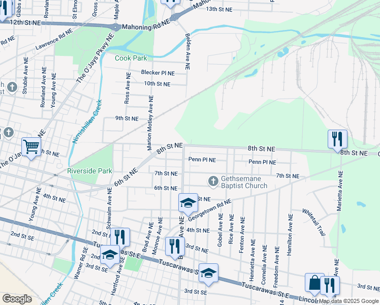 map of restaurants, bars, coffee shops, grocery stores, and more near 992 Clay Court Northeast in Canton
