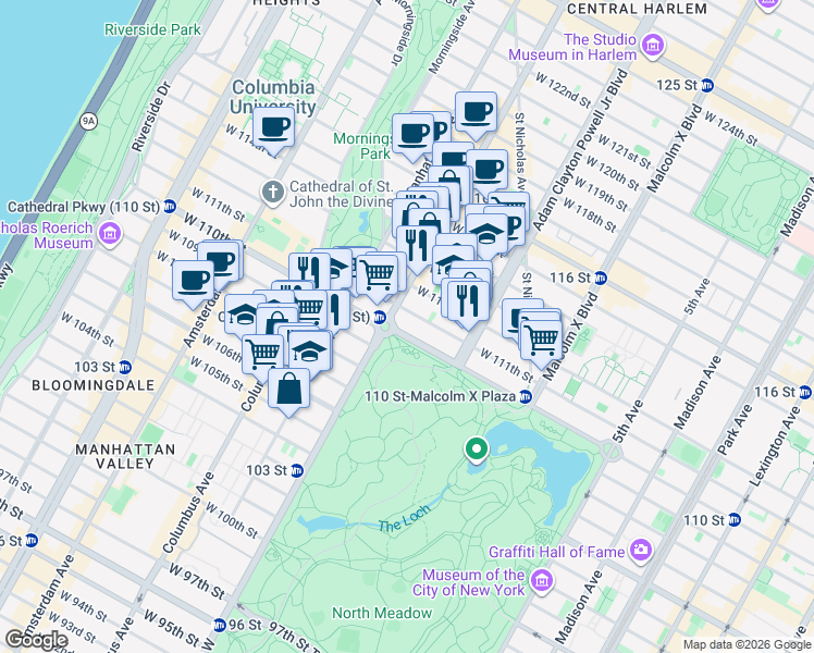 map of restaurants, bars, coffee shops, grocery stores, and more near 241 Central Park North in New York