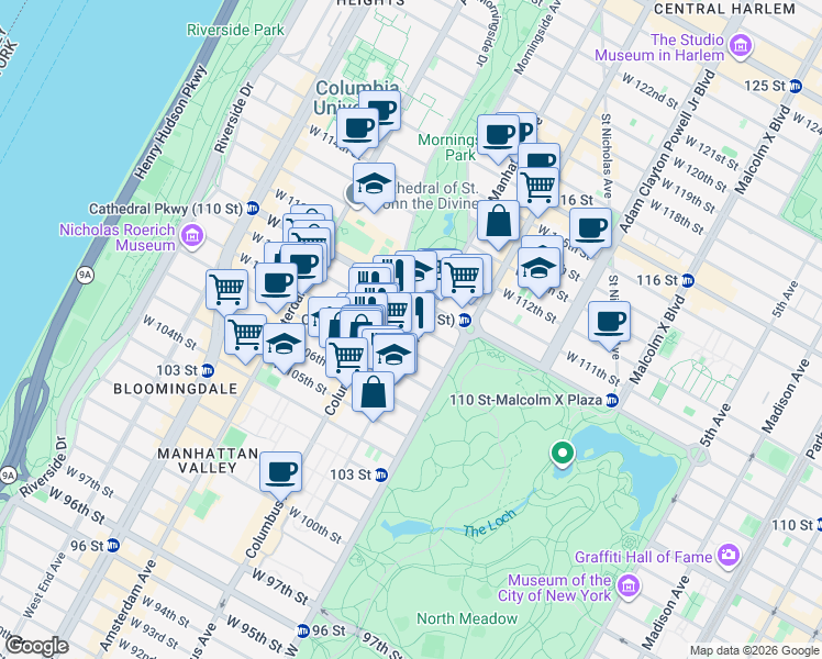 map of restaurants, bars, coffee shops, grocery stores, and more near 56 West 109th Street in New York
