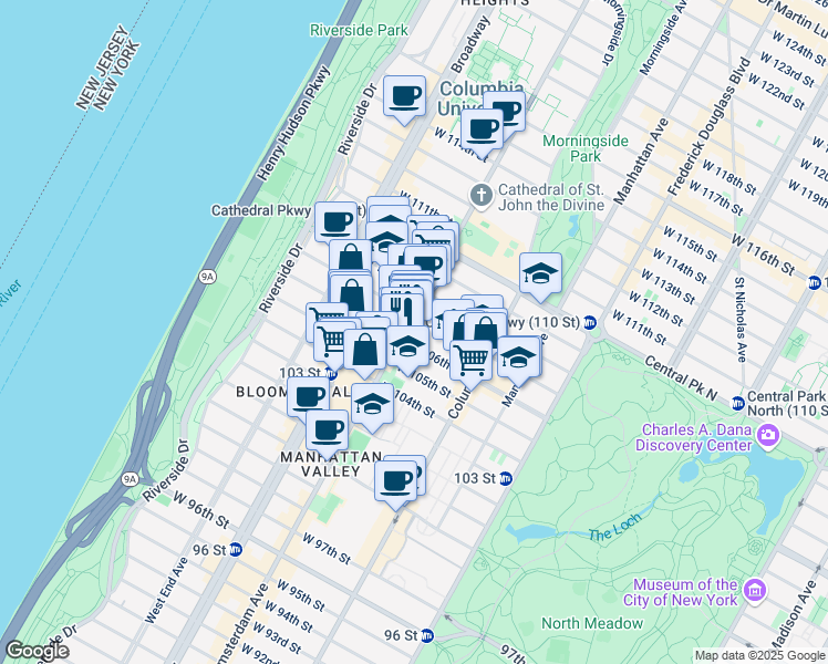 map of restaurants, bars, coffee shops, grocery stores, and more near 947 Amsterdam Avenue in New York