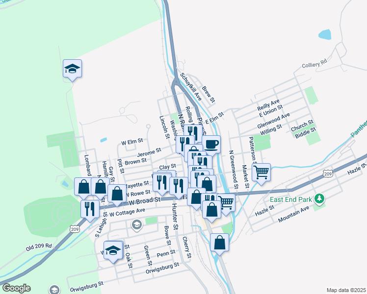 map of restaurants, bars, coffee shops, grocery stores, and more near 303 Washington Street in Tamaqua