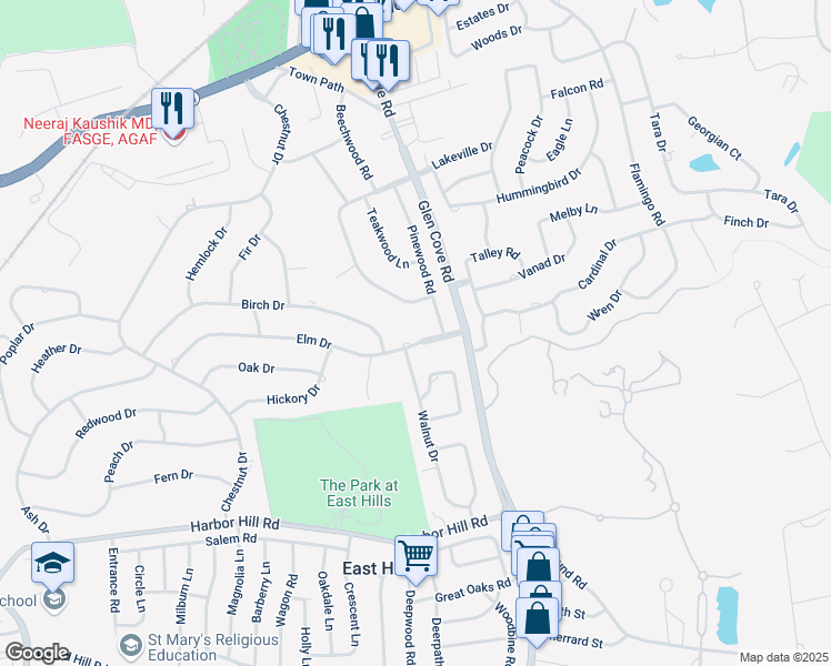 map of restaurants, bars, coffee shops, grocery stores, and more near 40 Elm Drive in Roslyn