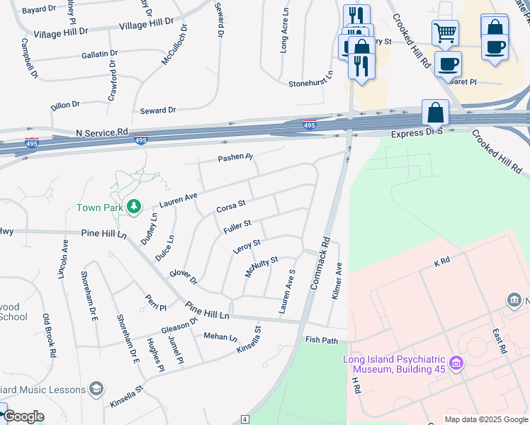 map of restaurants, bars, coffee shops, grocery stores, and more near 2 Fowler Place in Dix Hills
