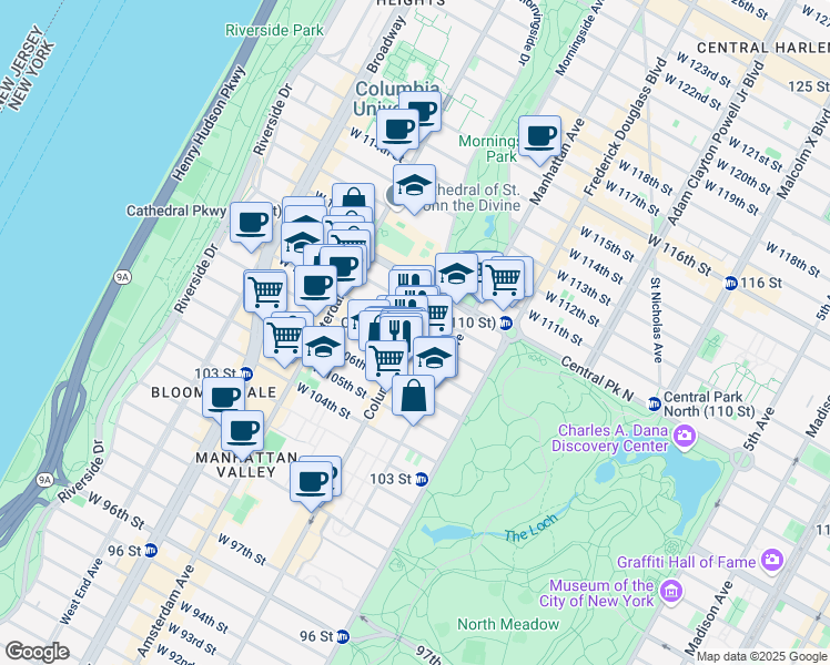 map of restaurants, bars, coffee shops, grocery stores, and more near 974 Columbus Avenue in New York