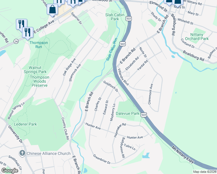 map of restaurants, bars, coffee shops, grocery stores, and more near 1274 Edwards Street in State College