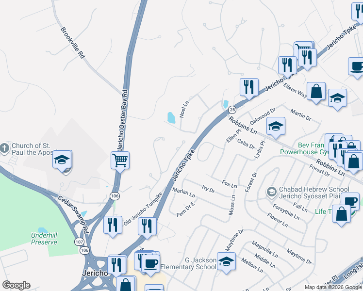 map of restaurants, bars, coffee shops, grocery stores, and more near 19 Annette Way in Jericho