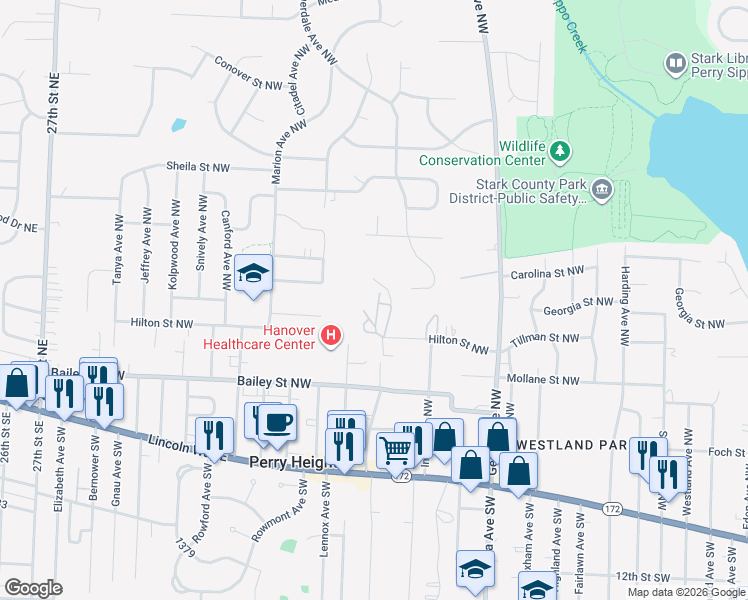 map of restaurants, bars, coffee shops, grocery stores, and more near 3410 Hilton Street Northwest in Massillon