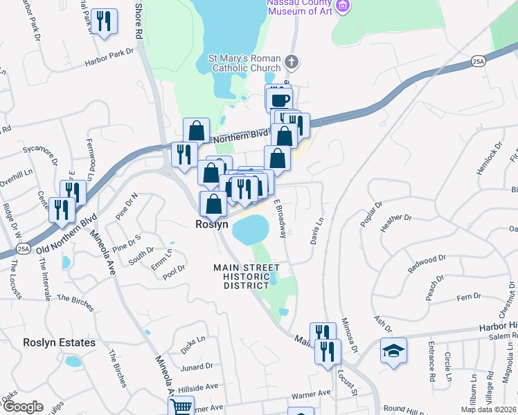 map of restaurants, bars, coffee shops, grocery stores, and more near 1382 Old Northern Boulevard in Roslyn