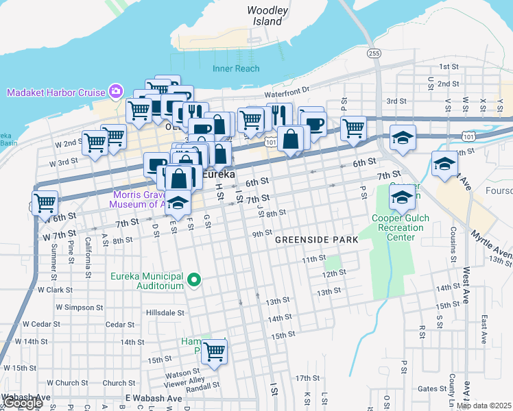 map of restaurants, bars, coffee shops, grocery stores, and more near 801 J Street in Eureka