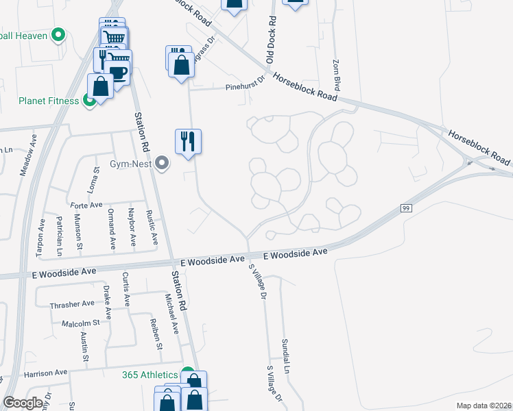 map of restaurants, bars, coffee shops, grocery stores, and more near 1113 Orchid Circle in Bellport
