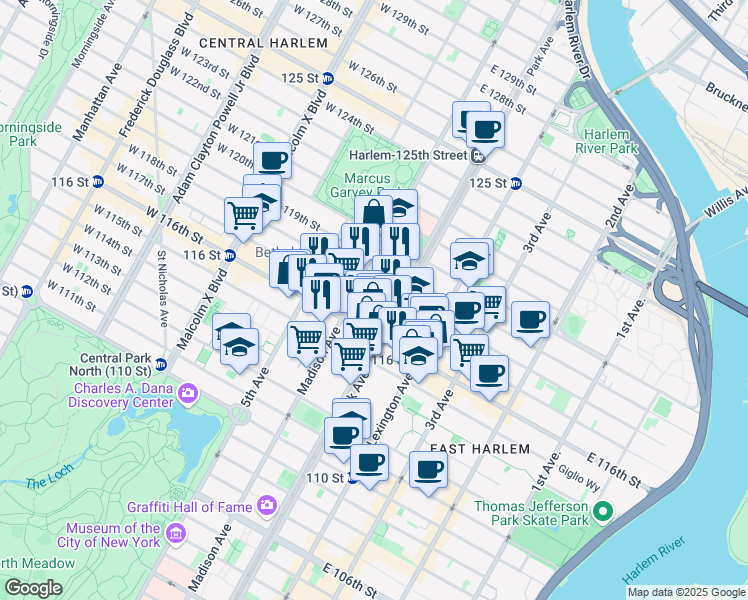 map of restaurants, bars, coffee shops, grocery stores, and more near 87 East 116th Street in New York