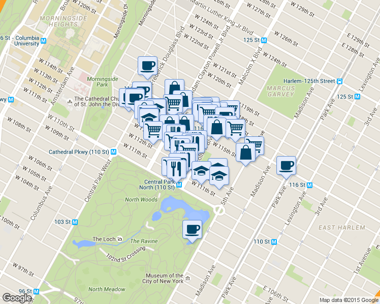 map of restaurants, bars, coffee shops, grocery stores, and more near 100 West 112th Street in New York