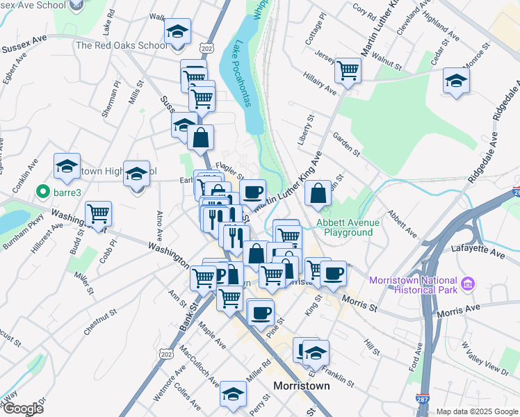 map of restaurants, bars, coffee shops, grocery stores, and more near 75 Spring Street in Morristown