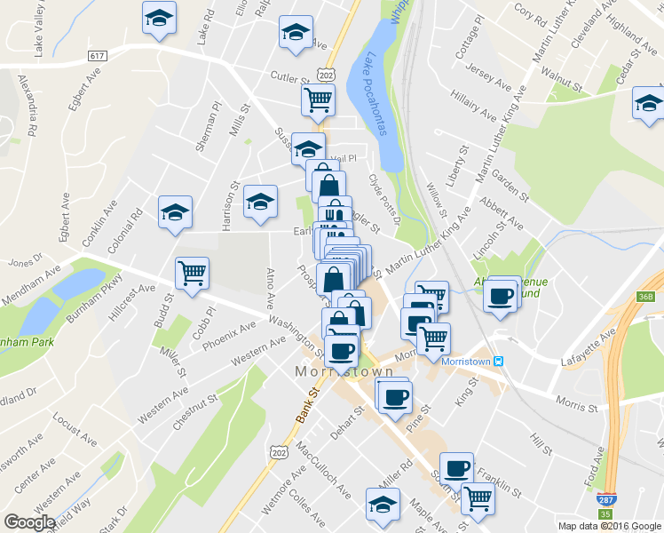 map of restaurants, bars, coffee shops, grocery stores, and more near 17 Prospect Street in Morristown