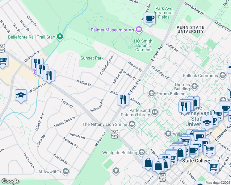 map of restaurants, bars, coffee shops, grocery stores, and more near 112 Ridge Avenue in State College