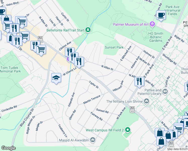 map of restaurants, bars, coffee shops, grocery stores, and more near 1009 Taylor Street in State College