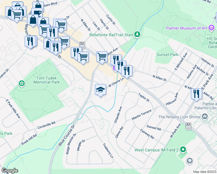 map of restaurants, bars, coffee shops, grocery stores, and more near 750 West Cherry Lane in State College