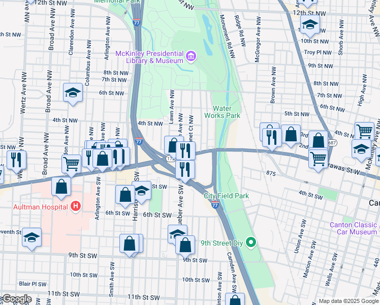 map of restaurants, bars, coffee shops, grocery stores, and more near 1800 Tuscarawas Street West in Canton