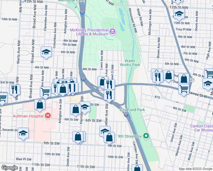 map of restaurants, bars, coffee shops, grocery stores, and more near 1914 Tuscarawas Street West in Canton