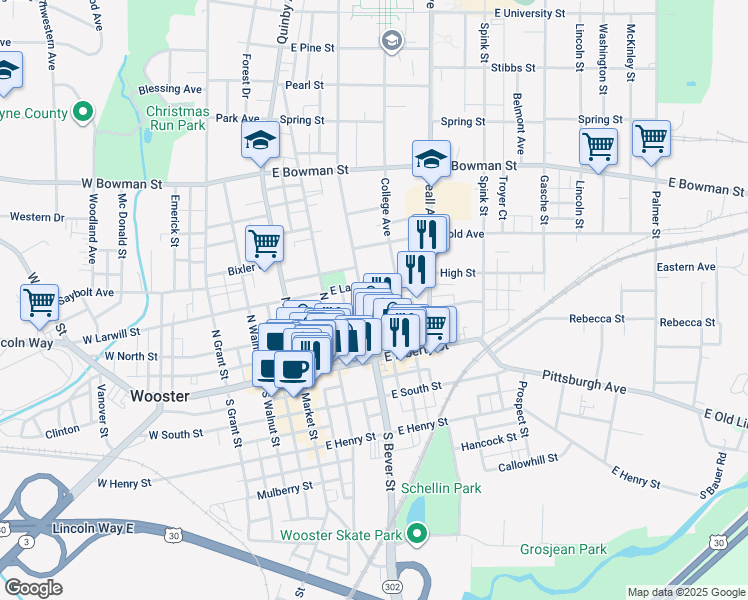 map of restaurants, bars, coffee shops, grocery stores, and more near 210 North Bever Street in Wooster
