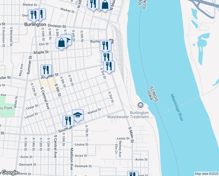 map of restaurants, bars, coffee shops, grocery stores, and more near 309-311 Locust in Burlington