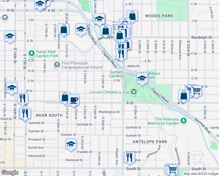 map of restaurants, bars, coffee shops, grocery stores, and more near 2600 B Street in Lincoln