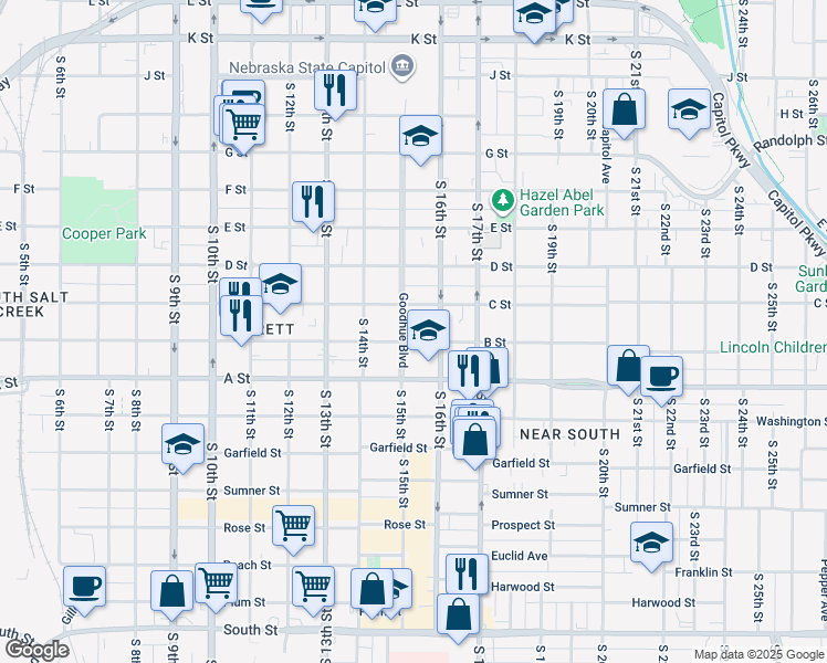 map of restaurants, bars, coffee shops, grocery stores, and more near 1529 B Street in Lincoln