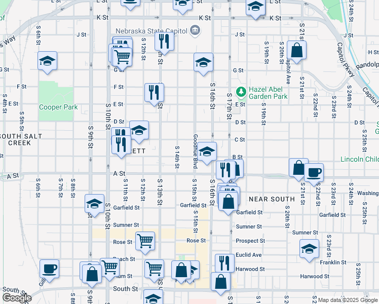 map of restaurants, bars, coffee shops, grocery stores, and more near 1427 B Street in Lincoln
