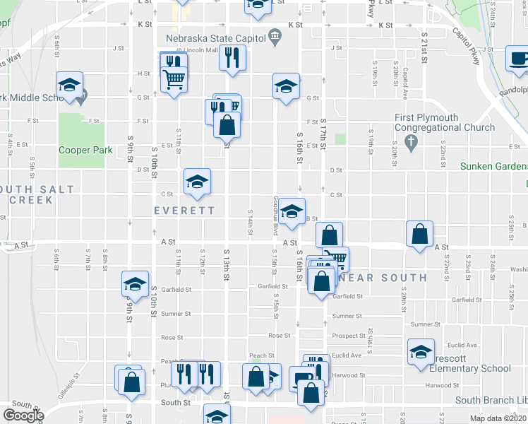 map of restaurants, bars, coffee shops, grocery stores, and more near 1427 B Street in Lincoln