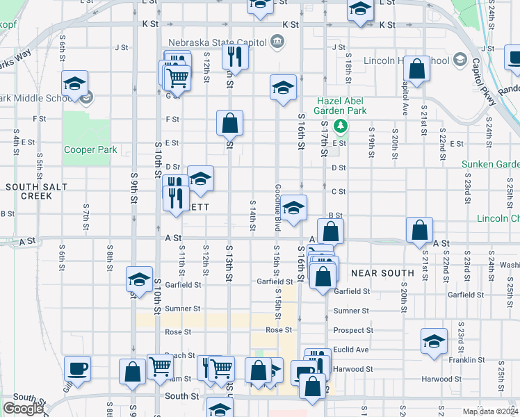 map of restaurants, bars, coffee shops, grocery stores, and more near 1427 B Street in Lincoln