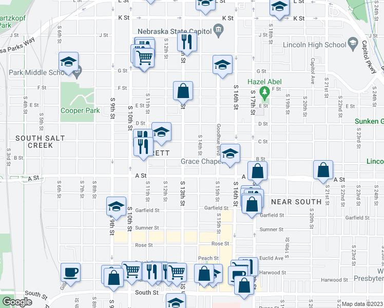 map of restaurants, bars, coffee shops, grocery stores, and more near 1321 B Street in Lincoln