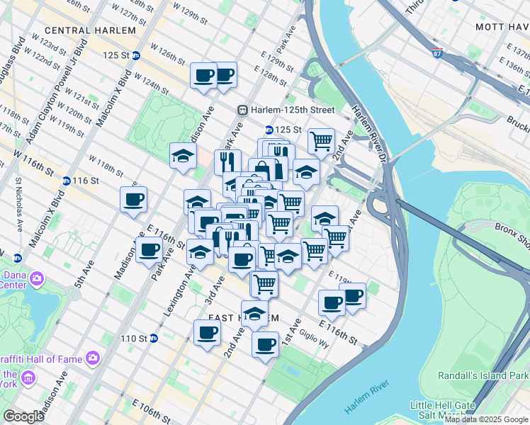 map of restaurants, bars, coffee shops, grocery stores, and more near 2193 3rd Avenue in New York