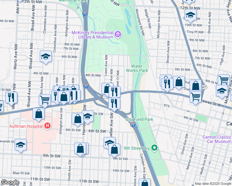 map of restaurants, bars, coffee shops, grocery stores, and more near 1801 Tuscarawas Street West in Canton