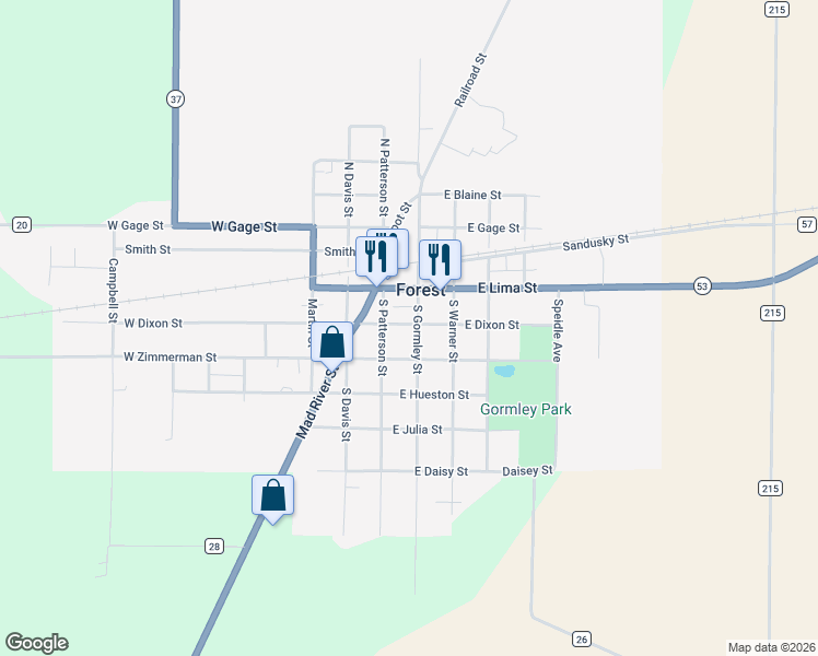 map of restaurants, bars, coffee shops, grocery stores, and more near 111 East Dixon Street in Forest