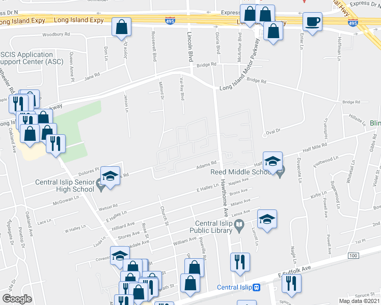 map of restaurants, bars, coffee shops, grocery stores, and more near 96 Feller Drive in Central Islip