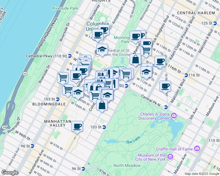 map of restaurants, bars, coffee shops, grocery stores, and more near 60 West 109th Street in New York