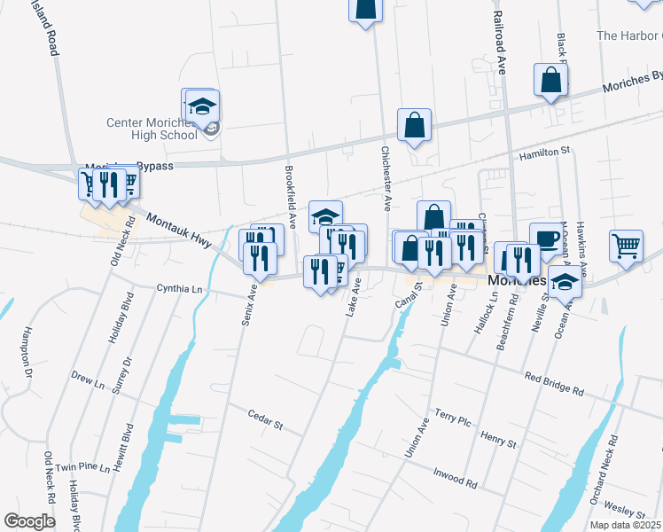 map of restaurants, bars, coffee shops, grocery stores, and more near 511 Main Street in Center Moriches