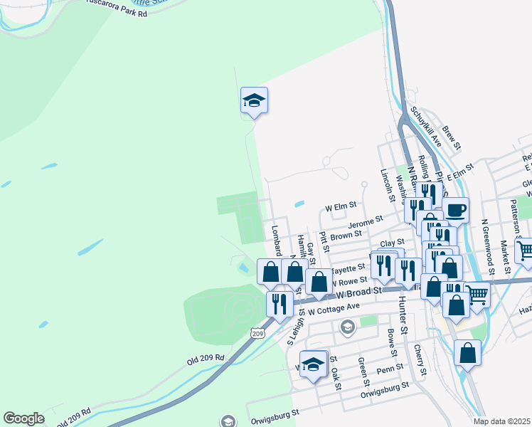 map of restaurants, bars, coffee shops, grocery stores, and more near 502 Lombard Street in Tamaqua