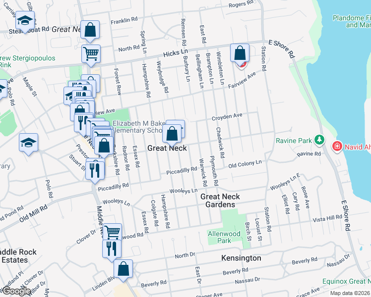 map of restaurants, bars, coffee shops, grocery stores, and more near 53 Devon Road in Great Neck